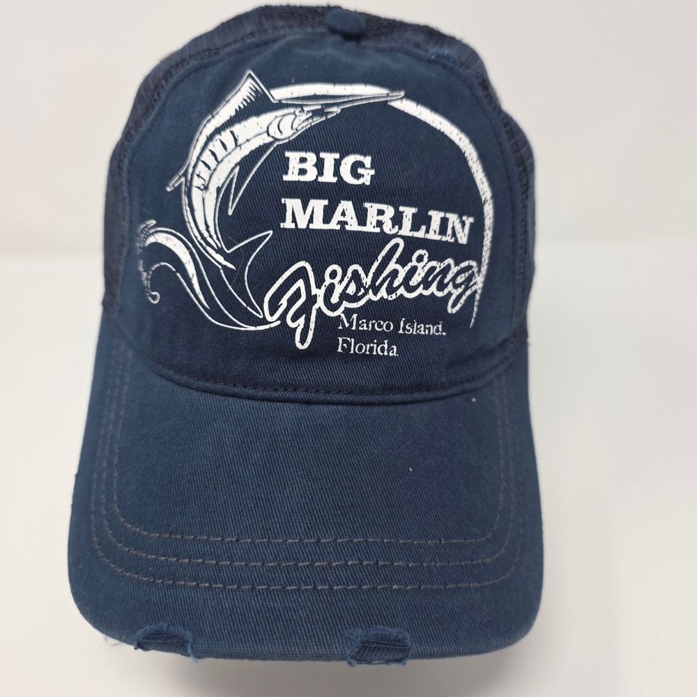 Big Marlin Fishing Hat OSFM Marco Island Florida Trucker Navy Blue